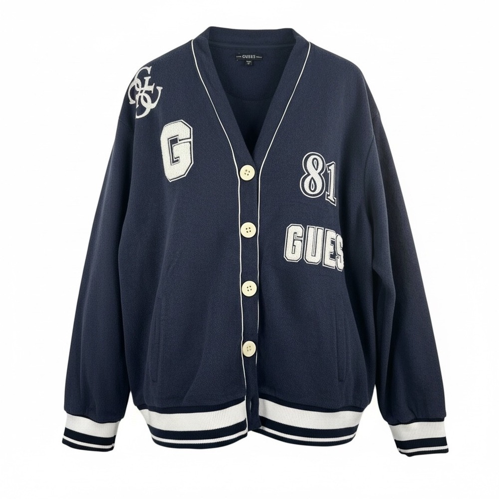 GUESS Navy logo Varsity embroidered oversized Cardigan terry knit sz XL 90s